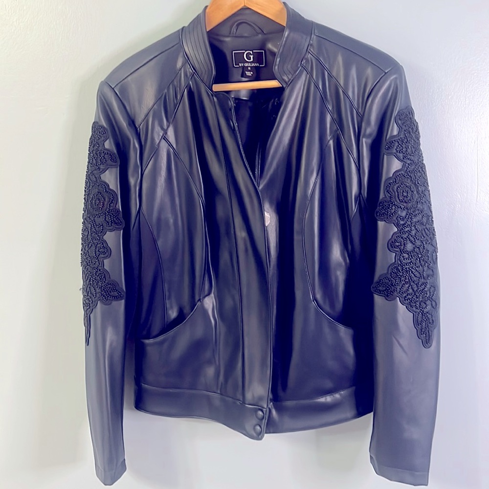 Navy Faux Lambskin Moto-Jacket with Beading